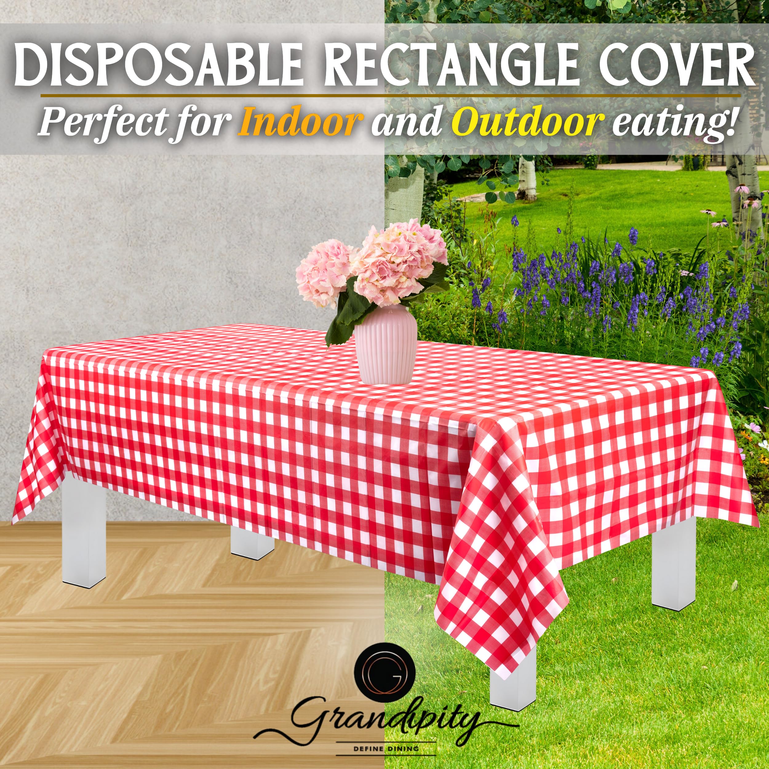 Grandipity Red Gingham Checkered Plastic Table Cloth Disposable (6 Pk) 54In X 108In Plastic Tablecloths For Rectangle Tables - P